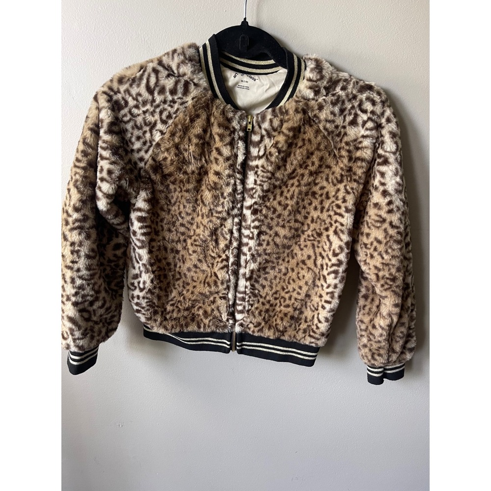 Art Class Girls Faux Fur Leopard Print Bomber Jacket Brown Black Size M 7/8